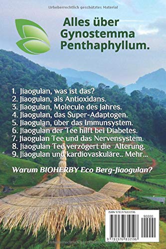 Das kleine Handbuch Jiaogulan Rückseite — Inhaltsverzeichnis und Produktinformation