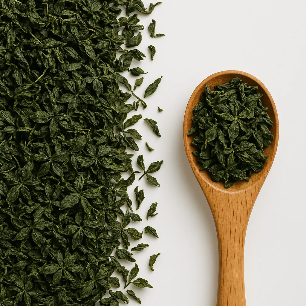 Bio Jiaogulan Tee Blätter Nahaufnahme — Ganze handverlesene Blätter ohne Stängel oder Staub, Premium Qualität