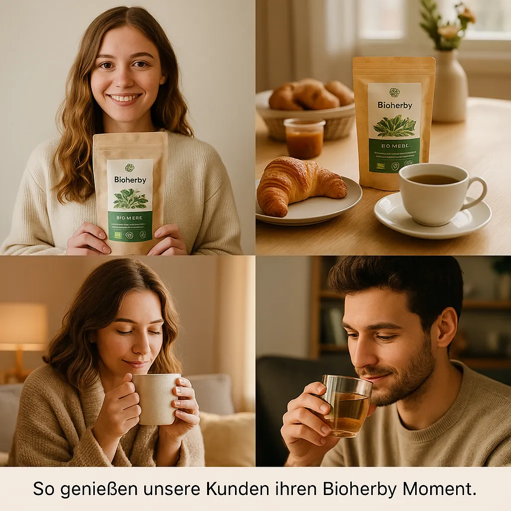 Kundin genießt Bioherby Bio Jiaogulan Tee — Gemütliche Teepause